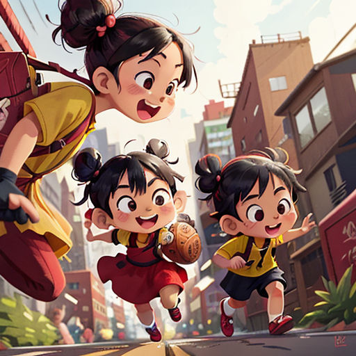 a group of cartoon girls running down a street together in the city with buildings in the background and a woman holding a baseball bat