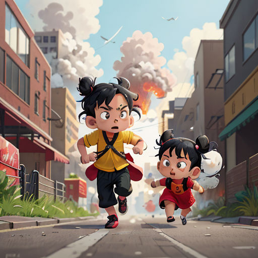 a couple of kids running down a street next to a building with smoke pouring out of it's chimneys