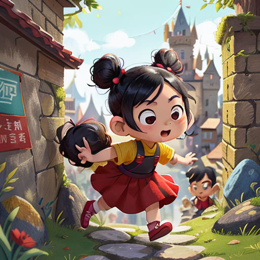 a girl is running through a small village with a cat in her hand and a dog in her hand