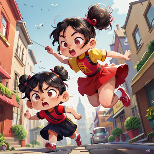 two girls are jumping in the air in a cartoon style, with buildings in the background and a street with cars