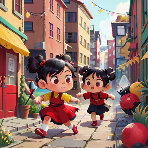 two children are playing in a cartoon city street with buildings and a lady in a red dress and a man in a yellow shirt