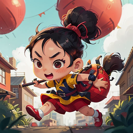 a girl with a baseball bat in her hand and a red bag on her shoulder, running through a city