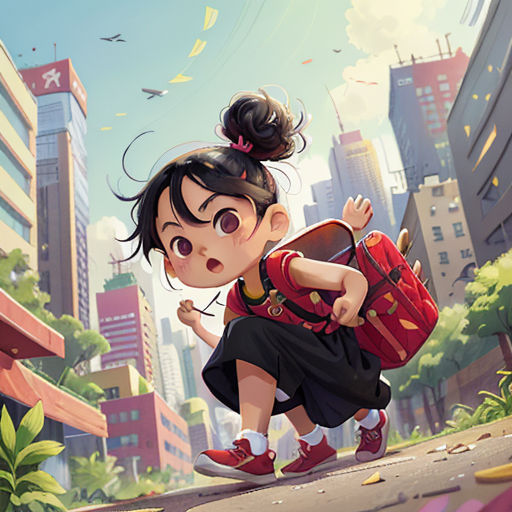 a girl with a backpack is walking down the street in a city with buildings and birds flying overhead,