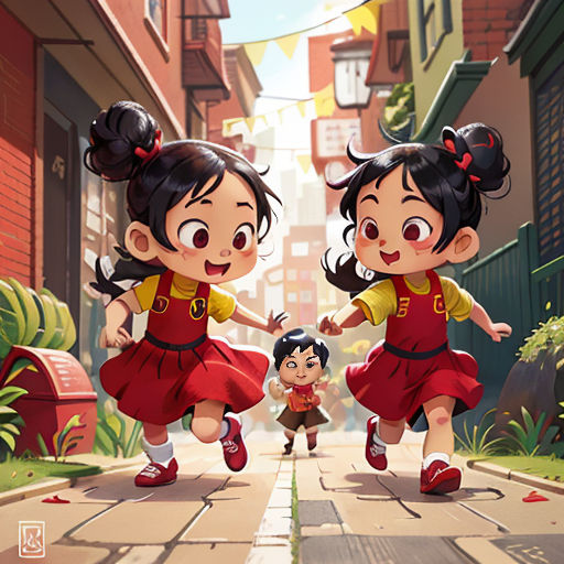 two young girls are running down a street in a cartoon style, with a small child in the foreground