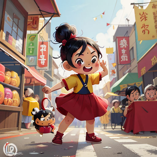 a cartoon girl in a red dress is holding a red purse and walking down a street with a small boy in a red shirt