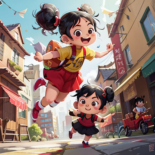 a cartoon of two girls flying through the air over a city street with buildings and a red car in the background