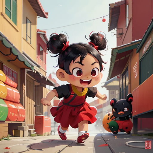 a cartoon girl running down a street next to a black bear and a building with a red roof and a red and yellow sign