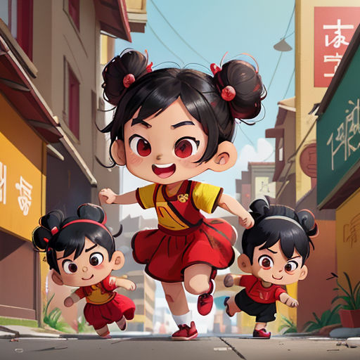 a cartoon of a girl running with her three children down a street in a city with buildings and asian characters