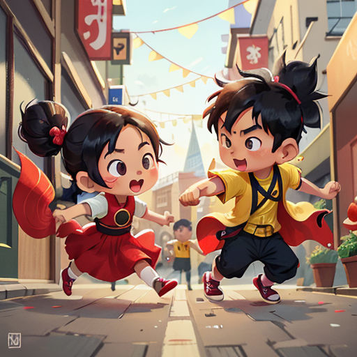 two children are playing in a cartoon style street scene with a woman and a man dressed as a chinese couple