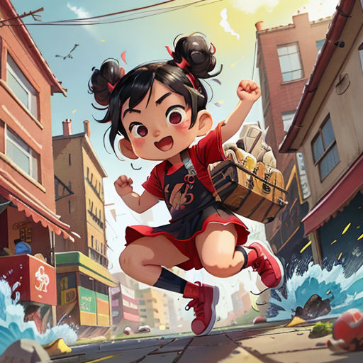 a girl running down a street with a basket in her hand and a city in the background with buildings
