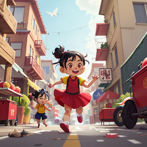 a cartoon girl running down a street with a man and a child in the background and a red car
