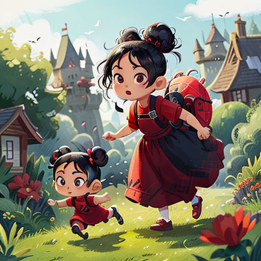 a woman and a child are walking through a field with houses in the background and a red backpack on her back
