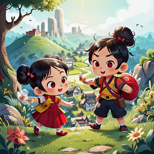 two children are walking through a forest with a castle in the background and a bird flying overhead in the sky