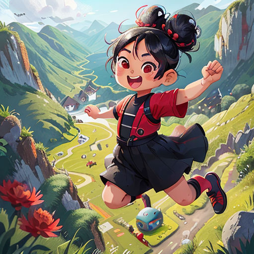 a girl running across a lush green hillside with a valley in the background and a valley in the background