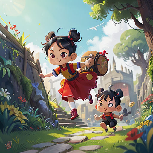 a cartoon of a girl and a boy running down a path in a forest with a dog on her back