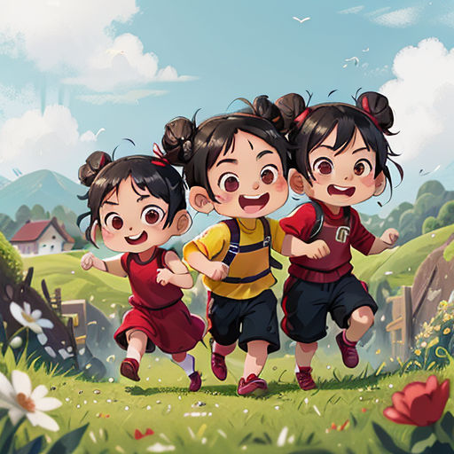 three children running in a field with a flower in the background and a house in the background with a sky background
