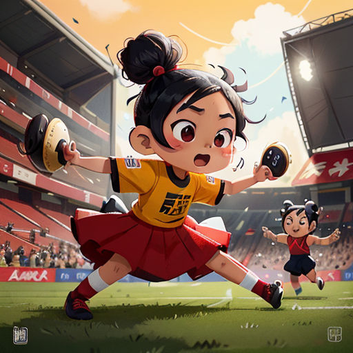 a cartoon girl in a red dress holding a baseball bat in a stadium with a girl in a yellow shirt and black skirt