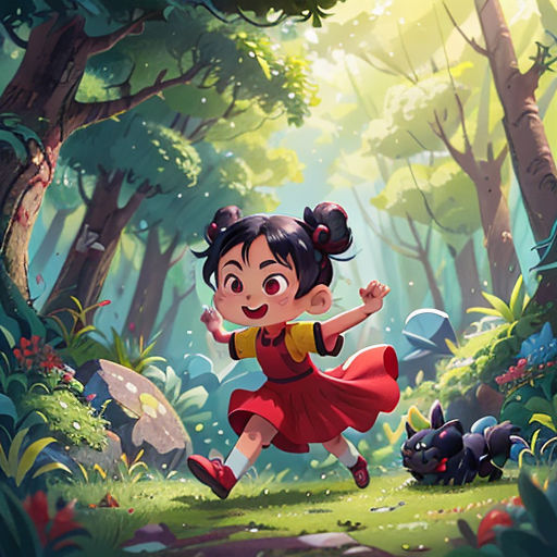 a girl running through a forest with a dog in the background and a forest scene in the background with a dog