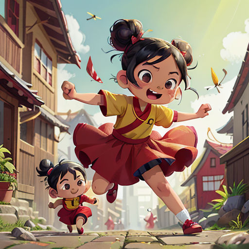 a cartoon girl running down a street with a child in the background and a man in the foreground