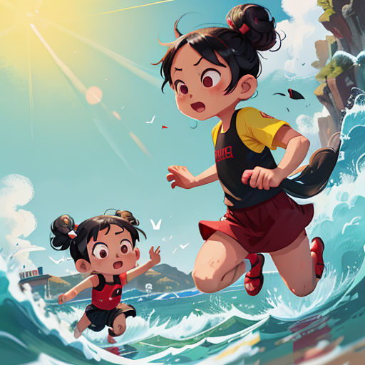 a cartoon of a girl and a girl running in the ocean together, with a sun shining behind them