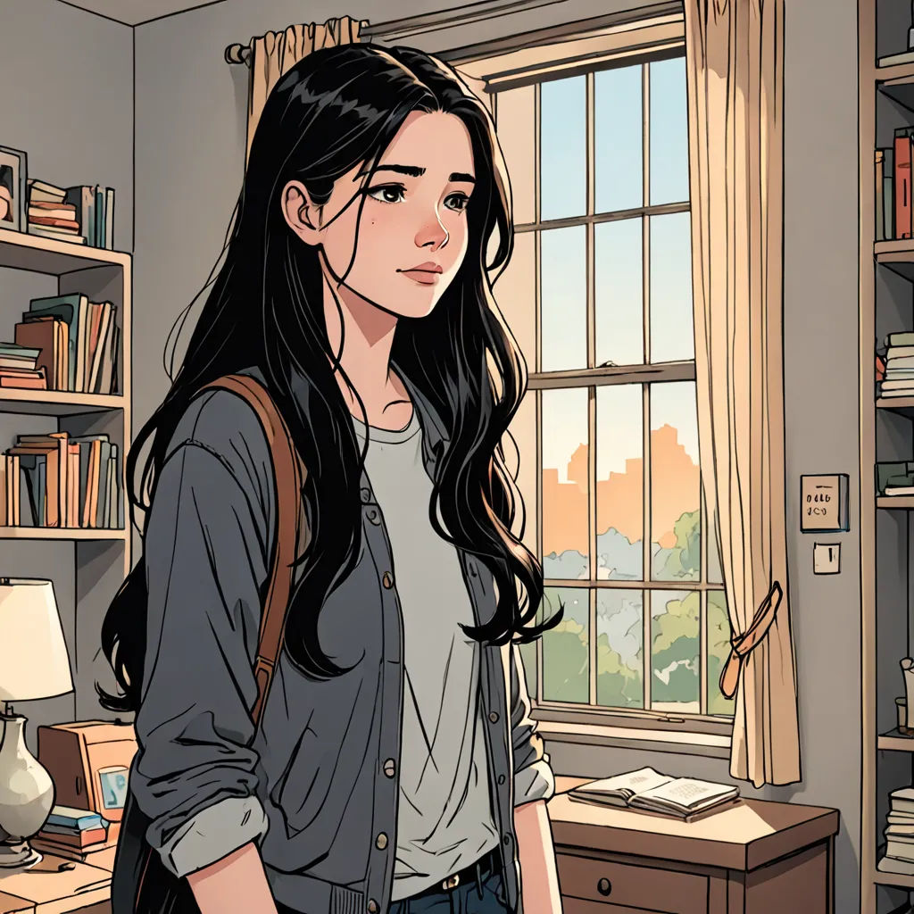 a woman standing in front of a window with a book case in the background and a book case in the foreground, academic art, a comic book panel, Chen Lin, graphic novel