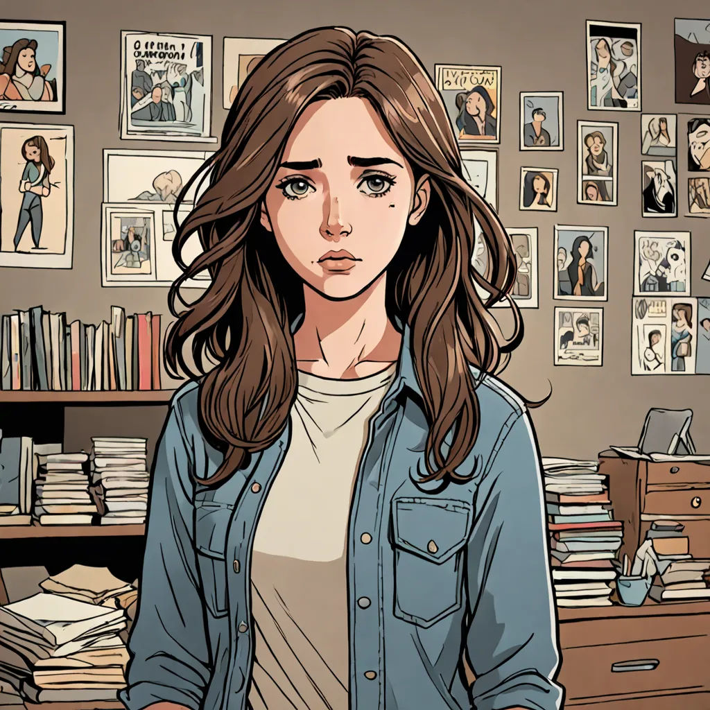 a woman standing in front of a desk with a laptop computer on it and a bunch of pictures on the wall, academic art, a comic book panel, Clarice Beckett, graphic novel