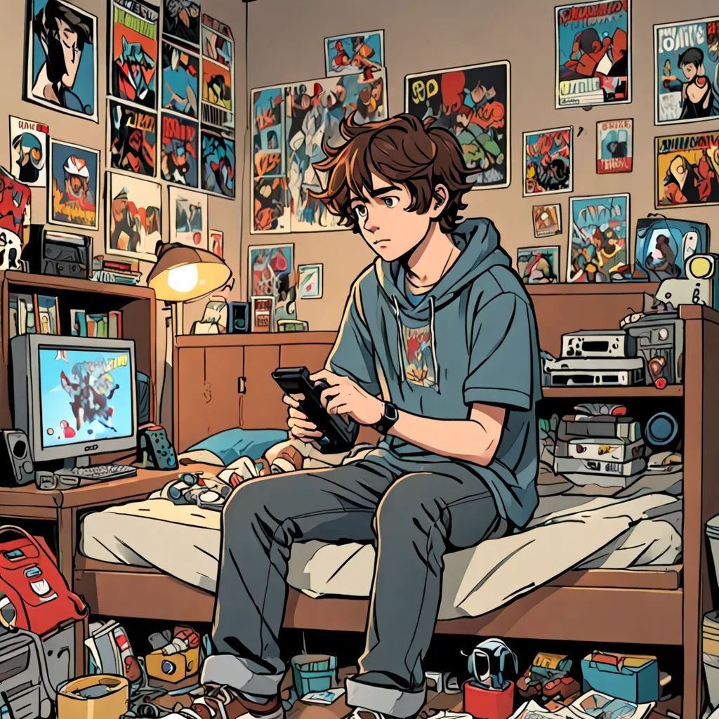 a boy sitting on a bed with a remote control in his hand and a bunch of comics on the wall, pixel art, a comic book panel, Asaf Hanuka, comic book