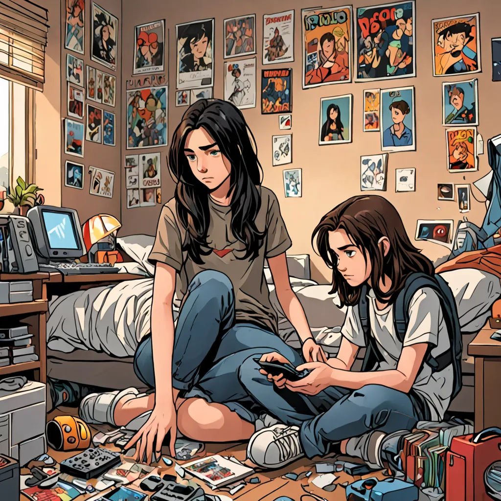 a girl and a girl sitting on a bed playing a game on a phone and a girl sitting on the floor, neogeo, cyberpunk art, Artgerm, manga and anime 1 9 9 9