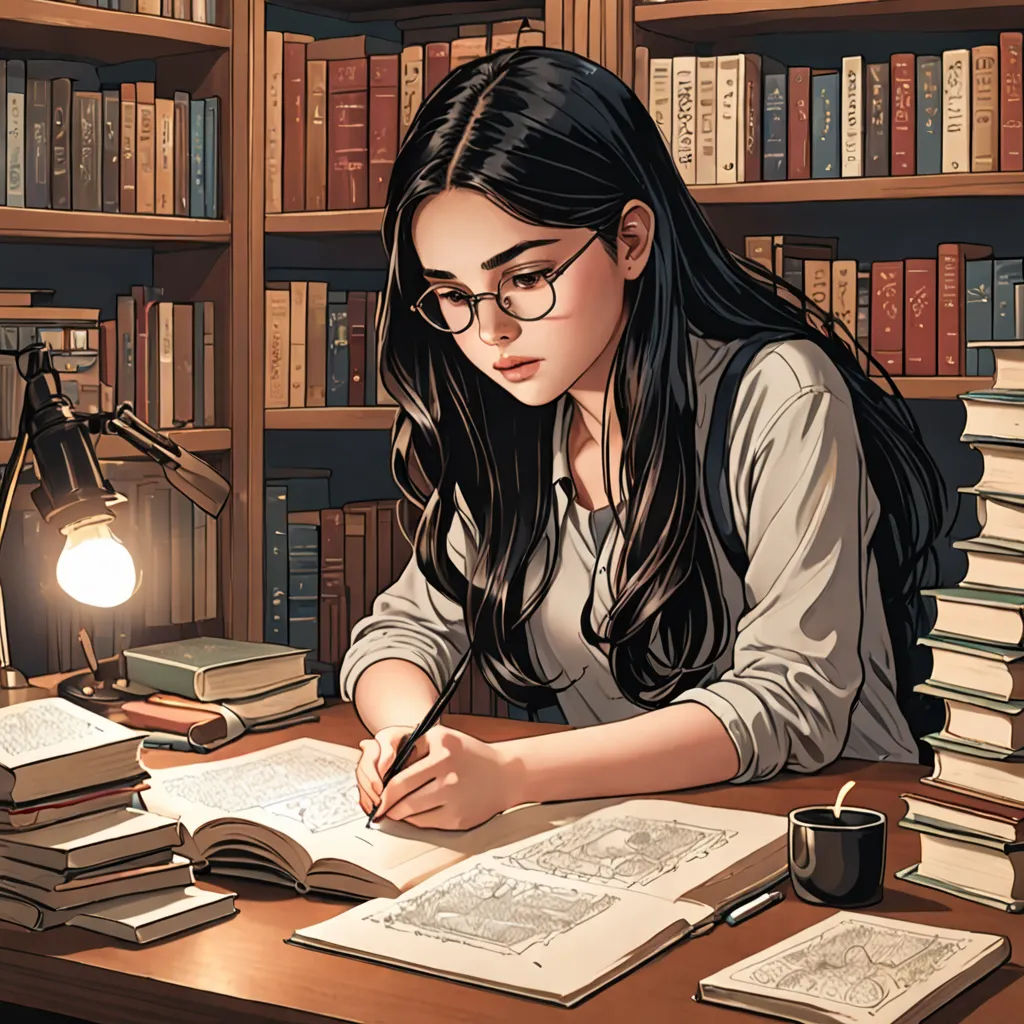 a woman sitting at a desk with a book and a pen in her hand and a book on the desk, academic art, a storybook illustration, Audrey Kawasaki, stanley artgerm lau