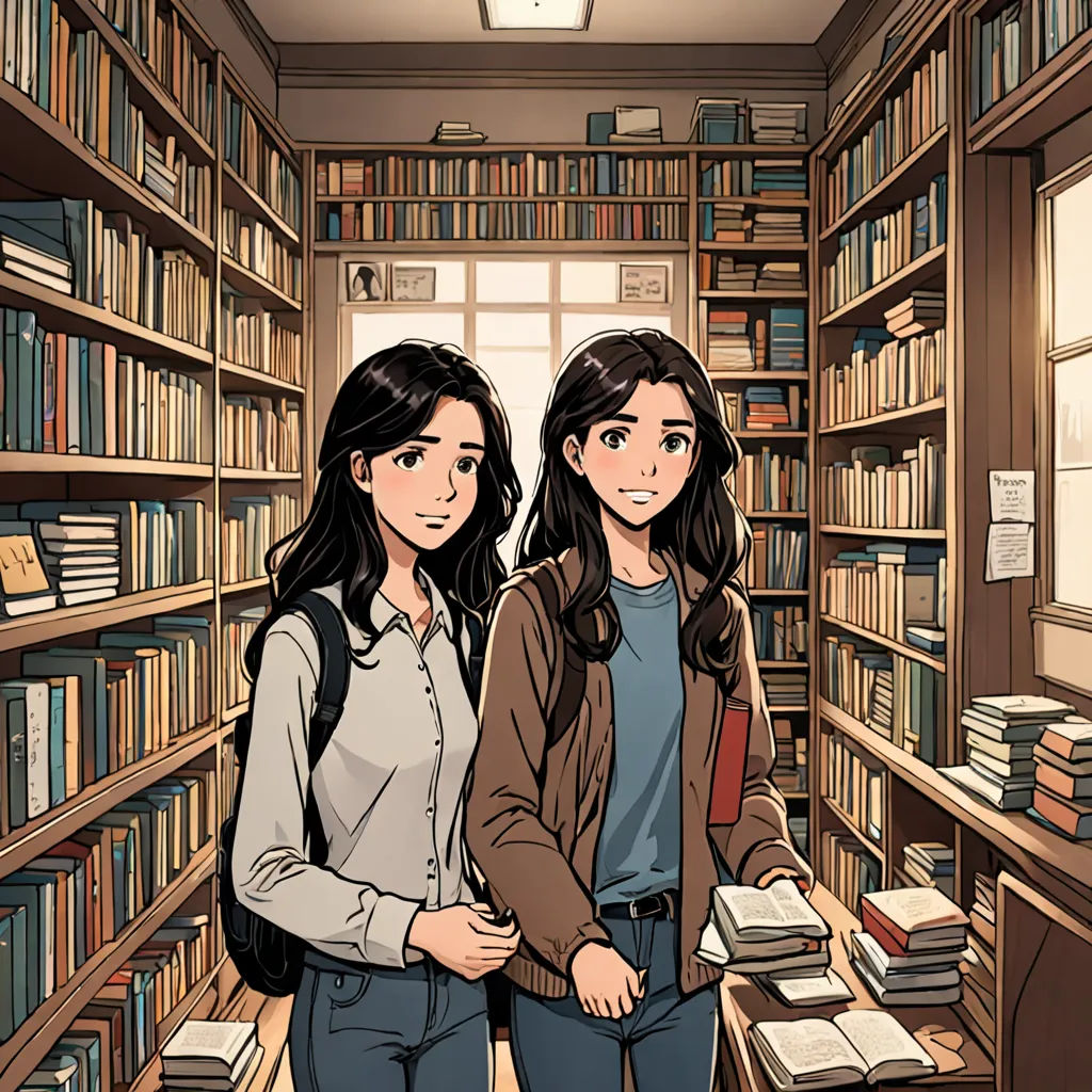 two girls standing in a library with books on shelves and a window behind them, looking at the camera, academic art, a comic book panel, Artgerm, graphic novel