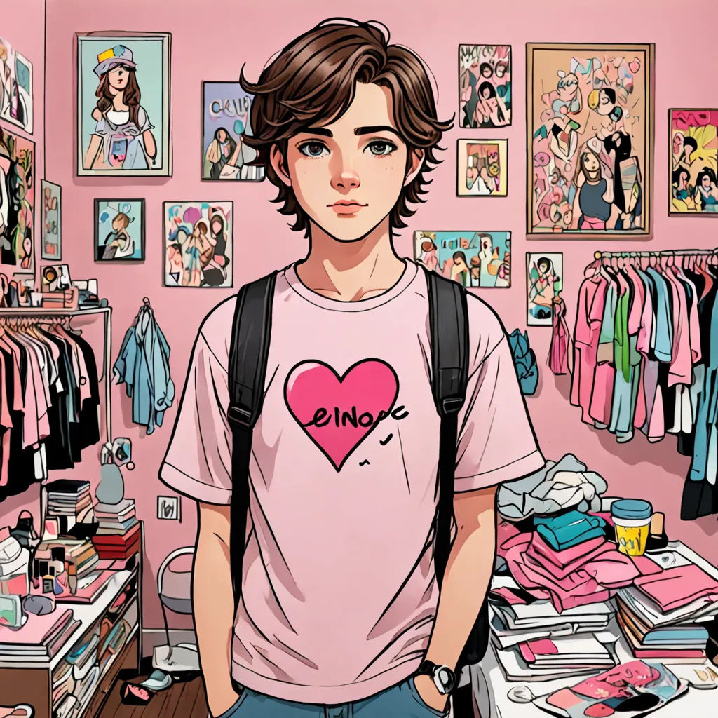a man standing in front of a pink wall with a heart on it's chest and a pink shirt on his chest, remodernism, a comic book panel, Cedric Seaut (Keos Masons), graphic novel