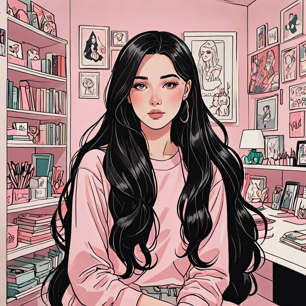 a girl with long black hair sitting in a pink room with a pink wall and shelves of books and a pink wall, figurativism, a comic book panel, Artgerm, long black hair