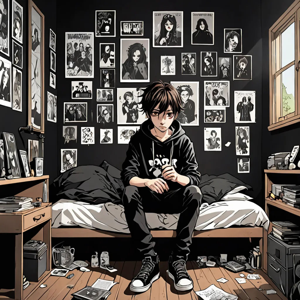 a person sitting on a bed in a room with many pictures on the wall and a desk with a laptop, shock art, a comic book panel, Cedric Seaut (Keos Masons), yukito kishiro