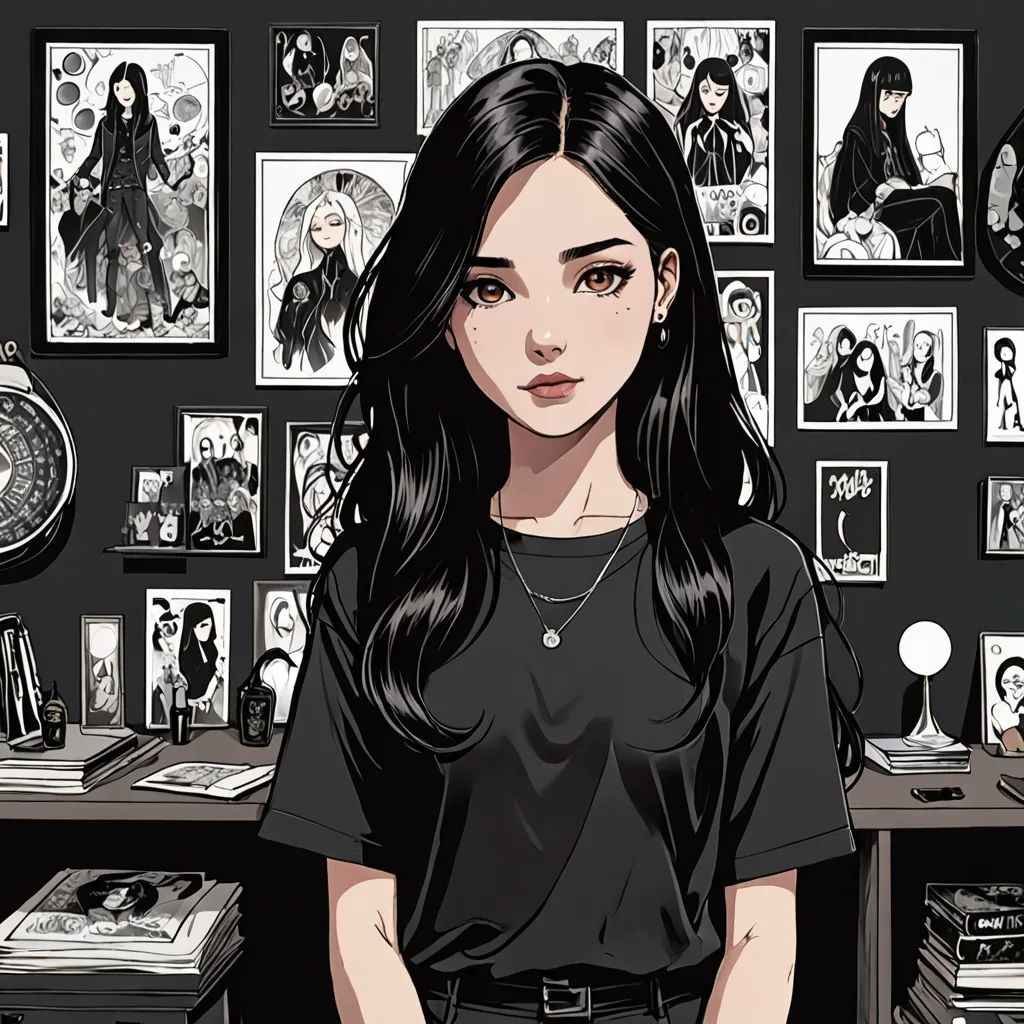 a woman standing in front of a desk with a bunch of pictures on it and a clock on the wall, gothic art, a manga drawing, Artgerm, anime art style