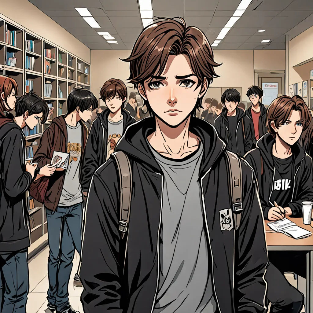 a group of people standing around a library filled with books and bookshelves with a boy in a black jacket, academic art, a comic book panel, David Park, official art