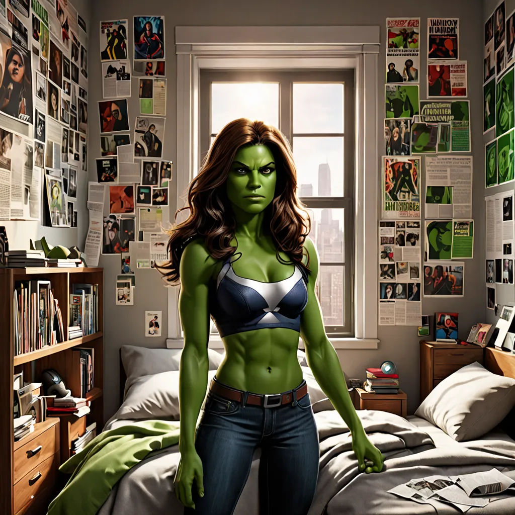 a woman in a green and white bikini top standing in a bedroom with a bed and a window covered with posters, Artgerm, feminist art, concept art, marvel comics