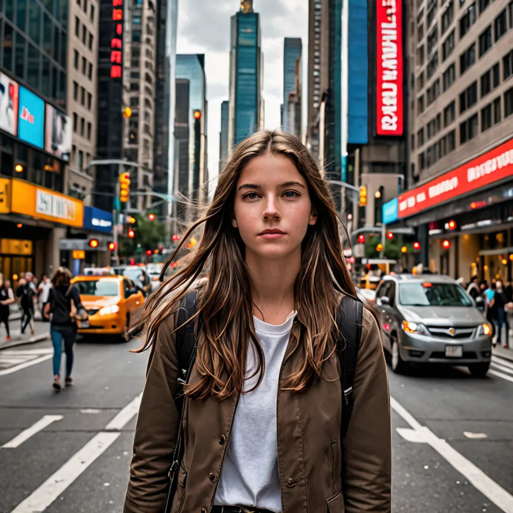 a woman standing in the middle of a street with a lot of traffic in the background and a tall building with a red light, Daniel Lieske, american barbizon school, a stock photo, city background