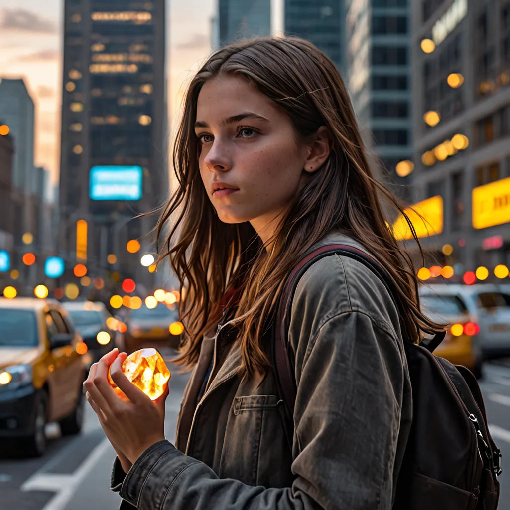 a woman standing on a street holding a lit up object in her hand and looking at the camera with a city in the background, Daniel Lieske, art photography, a stock photo, anamorphic lens flare