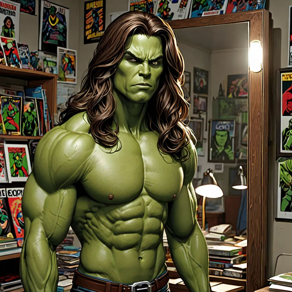 a man with long hair and a green shirt is standing in a room with comic books on the walls, Anthony Palumbo, hyperrealism, a comic book panel, hyper real
