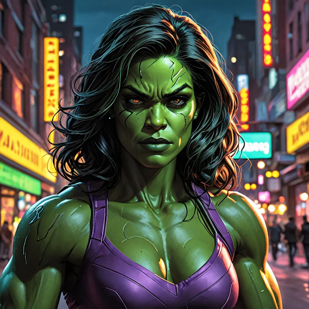 a woman in a purple bikini standing in the street with a city in the background at night time, with a neon sign in the background, Anthony Palumbo, feminist art, a comic book panel, marvel comics