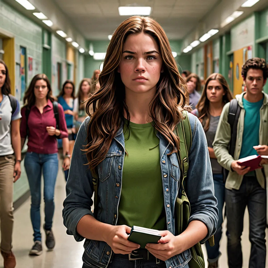 a group of people walking down a hallway in a building with a woman holding a book in her hand, Barbara Greg, vancouver school, a poster, promotional image