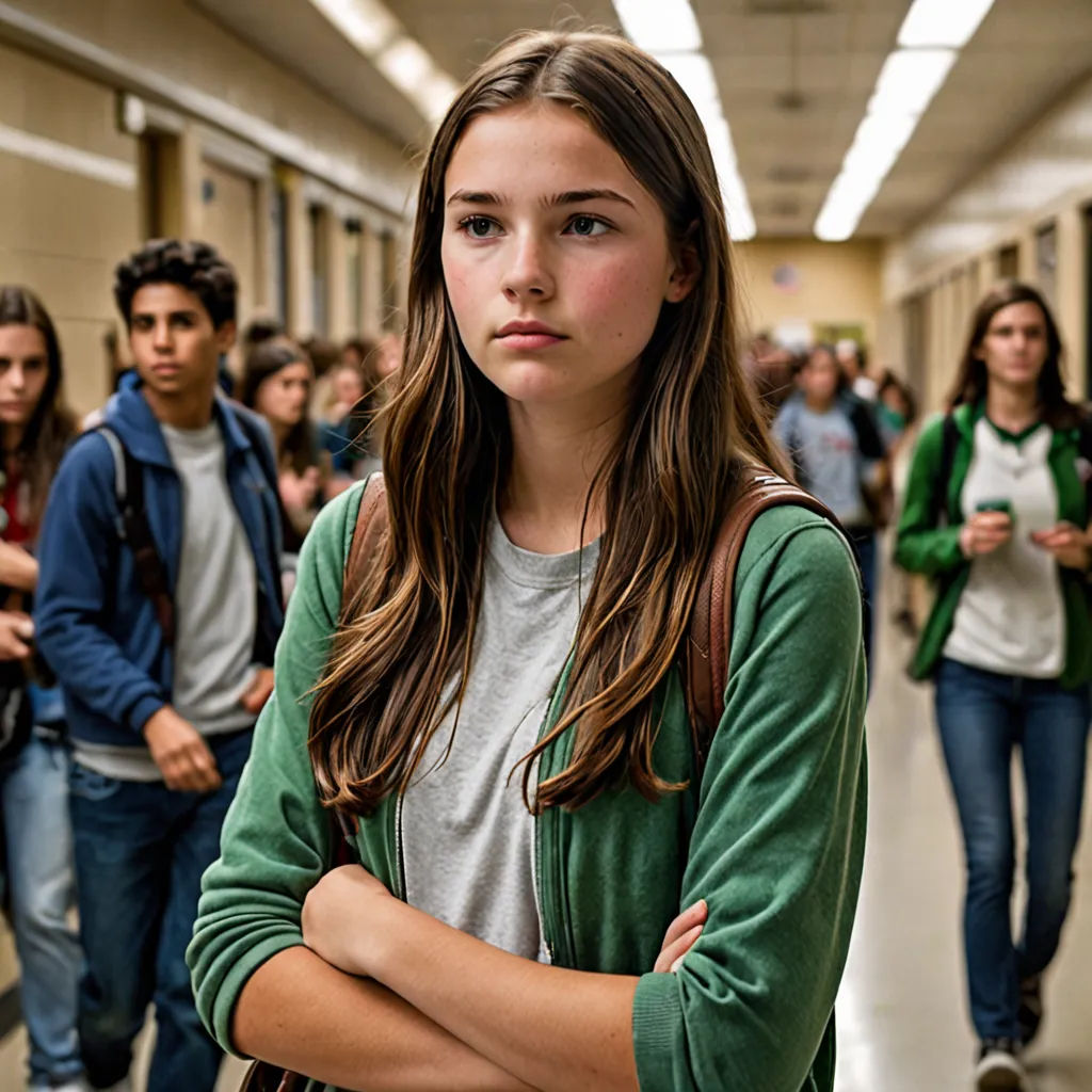 a girl standing in a hallway with her arms crossed and a group of people behind her looking on in the distance, Elinor Proby Adams, figurativism, a poster, promotional image