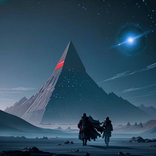 two people walking towards a mountain with a red light on it's face and a red object in the sky