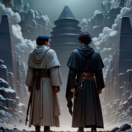 two men standing in front of a giant building with a sky background and a light shining on them,