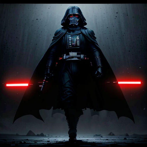 a darth vader character in a dark background with red lights on his face and a dark helmet