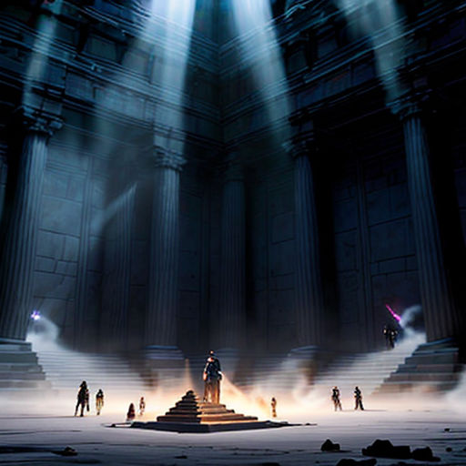 a stage with a stage lighting and a stage set with people standing on it and a stage with a stage light