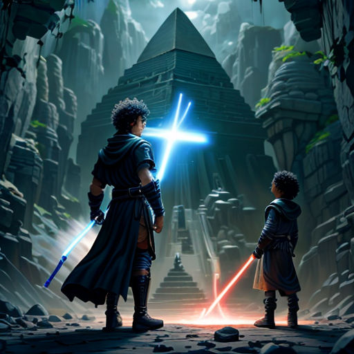 two people standing in front of a pyramid with lights on them, one of them is holding a lightsabe