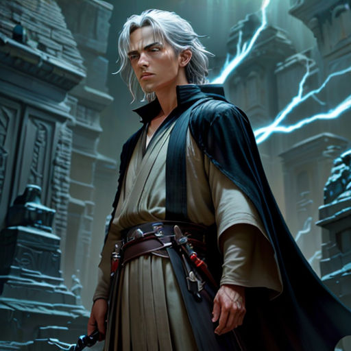 a man in a star wars outfit holding a sword in front of a castle with lightnings in the background