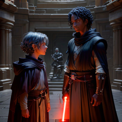 a couple of people standing next to each other in a building with lights on them and a statue in the background
