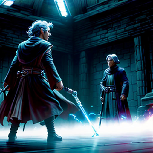 a group of people in a dark room with lights on and two of them are holding swords and two of them are facing each other